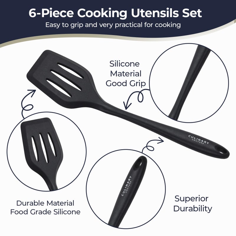 Culinary Couture Black Silicone Kitchen Utensils Set of 6, Non-Stick Heat-Resistant Silicone Kitchen Utensils Set with Steel Inner Core - Image 2